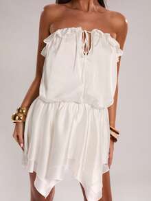 SHEIN BAE Women's White Strapless Satin Dress,Summer Ruched Twist Asymmetric Hem Bandeau Dress,Mama Mia Style,Perfect For Party,Vacation,Holiday & Nightclub - White - View 6