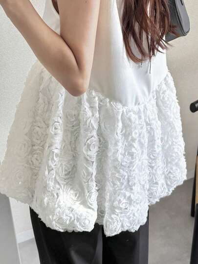 FRIFUL Áo blazer không tay phối lưới hoa thời trang nữ