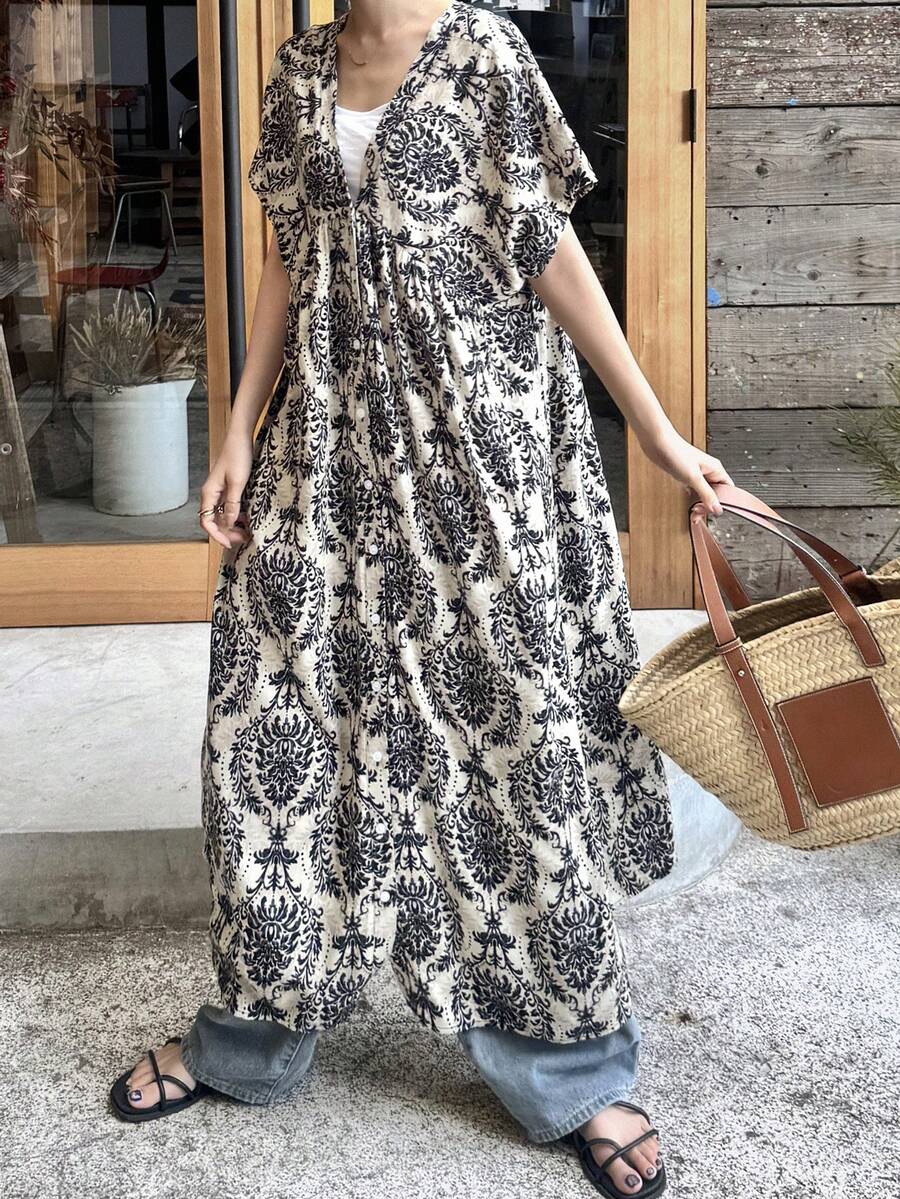 FRIFUL Women's Casual Vacation All-Over Print Dress - Black and White - View 1