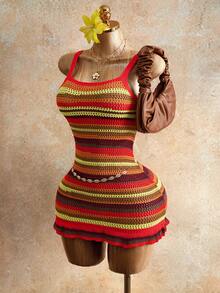 Mistrie Women's Sleeveless Striped Knit Dress, Short Fitted Frill Trim Summer Beach Vacation Dress - Multicolor - View 3