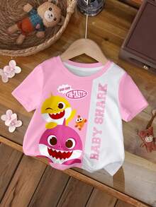 BABY SHARK X SHEIN 女婴卡通印花圆领短袖上衣 - 白色 - 查看 1