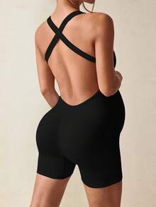 SHEIN Maternity Casual Solid Color Sleeveless Backless Romper For Summer,Word Cup - Black - View 2