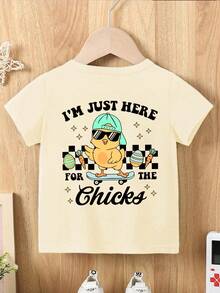 Baby Boys' Casual Fashionable Creative Cute Round Neck Fitted Knit T-Shirt With "I'M JUST HERE FOR THE CHICKS" Easter Chick & Egg Letter Print, Spring To Summer Outfits - Apricot - View 3