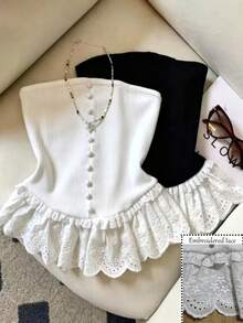 GlowEve New Spring/Summer Sweet & Spicy Elegant Casual Bandeau Embroidered Double Ruffle Splice Button Camisole Top, Designed Specifically For Women - White - View 1