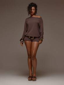 MUSERA 棕色针织船领宽松长袖连体裤，适合春夏度假海滩伊比沙岛音乐节派对，优雅迷人 - 咖啡棕 - 查看 3