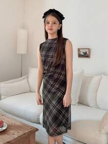 DAZY 少女格子圆领荷叶边休闲无袖连衣裙 - 棕色 - 查看 7