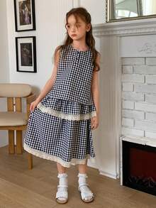 DAZY Tween Girl Plaid Button-Up Sleeveless Shirt And Mini Skirt Casual Set - Black and White - View 7