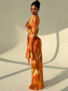 Aloruh Women's Minimalist Printed Long Sleeve Top And Skirt 2 Pieces Set - Orange - View 5