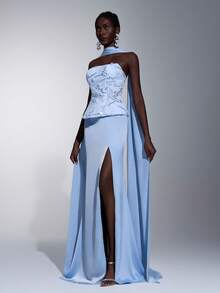 Elitara Elegant Blue Luxury 3D Romantic Beaded Embroidered Lace & Satin Bustier Dress With Mermaid Silhouette High Slit (Detachable Halter Included), Suitable For Weddings, Parties, Galas, Vacations - Blue - View 1