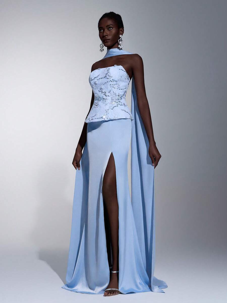 Elitara Elegant Blue Luxury 3D Romantic Beaded Embroidered Lace & Satin Bustier Dress With Mermaid Silhouette High Slit (Detachable Halter Included), Suitable For Weddings, Parties, Galas, Vacations - Blue - View 1