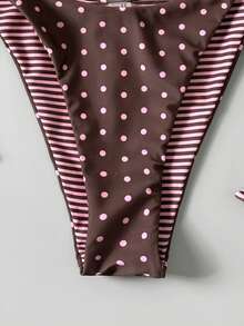 SHEIN Swim Mod Women's Polka Dot & Striped Reversible Halter Neck Triangle Bikini 2 Pieces Swimwear Set, Suitable For Beach, Pool, Party, Casual, Sweet Girl Style, Spring/Summer - Multicolor - View 5