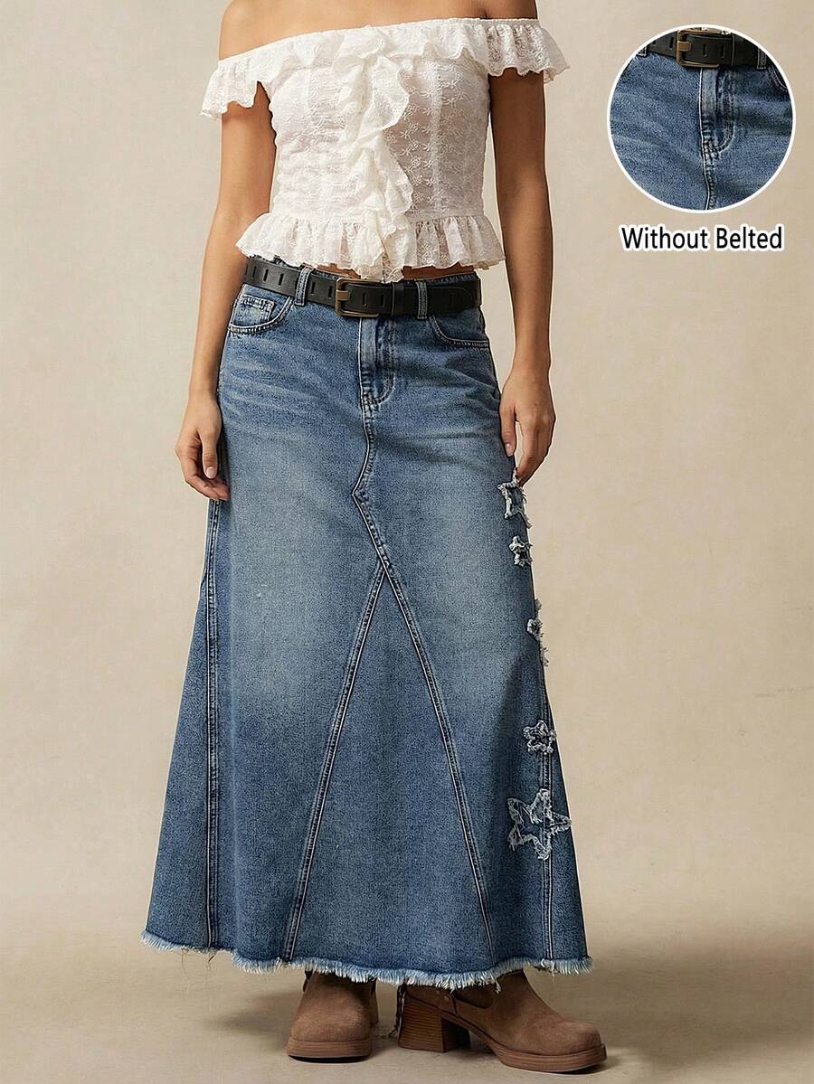 Bohemela 波西米亚风女士星形贴花长裙，波西米亚度假裙，夏季节日裙，春夏度假长裙，节日裙，星形元素 - 藍色 - 查看 1