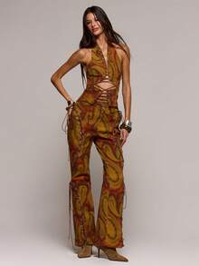 MUSERA Low Rise Abstract Print Lace Up Detail Flared Denim Jeans Spring Summer Sexy Date Night Club Festival Holiday Night Out Vacation Soul Ties - Multicolor - View 1