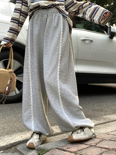 FRIFUL Women's Elastic Waist Contrast Lace Loose Casual Pants