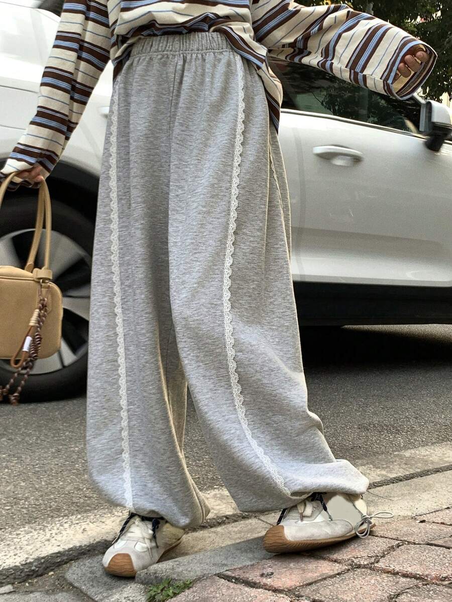 FRIFUL Women's Elastic Waist Contrast Lace Loose Casual Pants - Grey - View 1