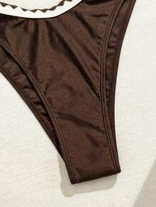 Swim Mod Summer Fashion Metallic Floral Print Bikini Set With Gold Accent - Coffee Brown - View 8