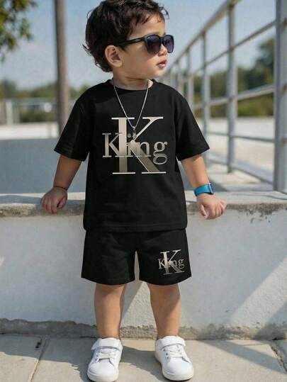 SHEIN 2pcs/Set Boys' Casual Short Sleeve T-Shirt And Shorts, Classic Cool King Text Graphic Print, Suitable For Summer