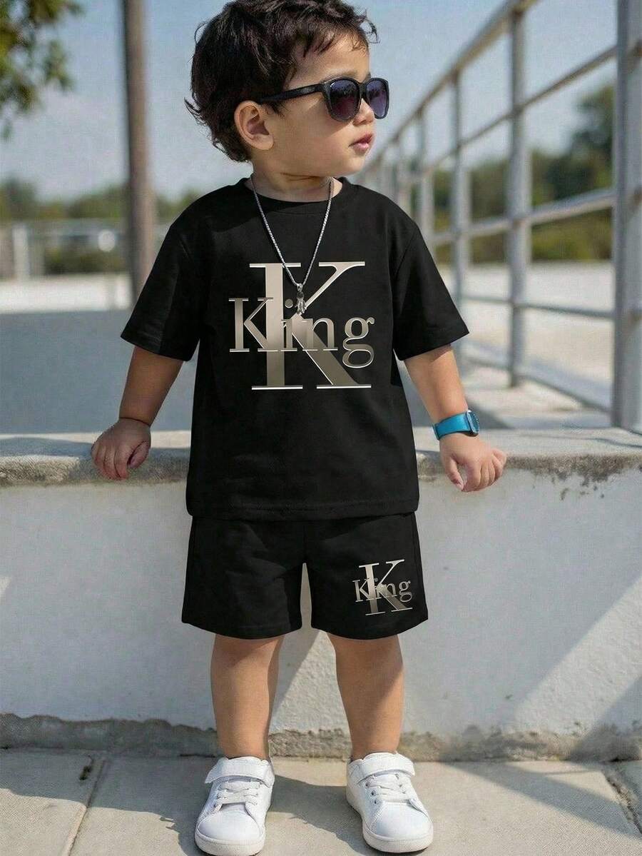 SHEIN 2pcs/Set Boys' Casual Short Sleeve T-Shirt And Shorts, Classic Cool King Text Graphic Print, Suitable For Summer - Black - View 1