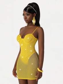 Amplova Women's See-Through Cup Detail Mini Dress, & Avant-Garde Sparkling Rhinestone Sparkly Yellow,Summer,70s,Night Out,Party Island Resort Dress - Yellow - View 7