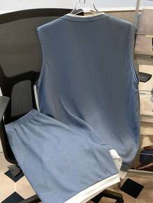 Manfinity Joysei Men's Casual Letter Patched Round Neck Tank Top And Shorts Set, Summer Blue Two Piece Set Men, Cozy Outfits - Dusty Blue - View 2