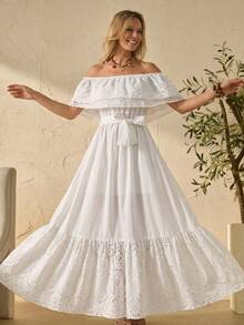 Bóhologie Boderie Off-Shoulder Belted Maxi Dress, High Quality Fabric, Summer Look - White - View 7