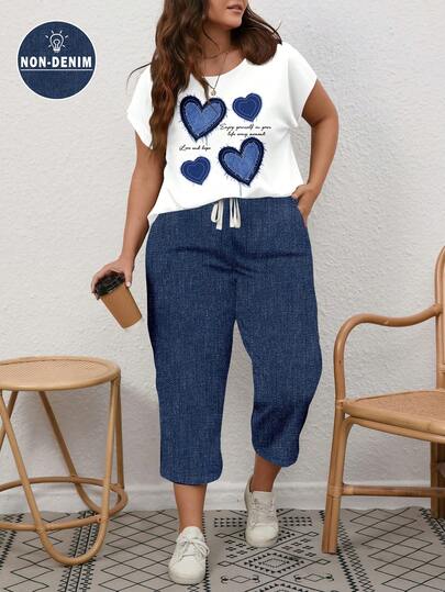 EMERY ROSE 2 piezas Conjunto minimalista casual con estampado de corazón náutico azul, talla grande, adecuado para vacaciones de verano, 2 piezas de conjunto de verano para mujeres