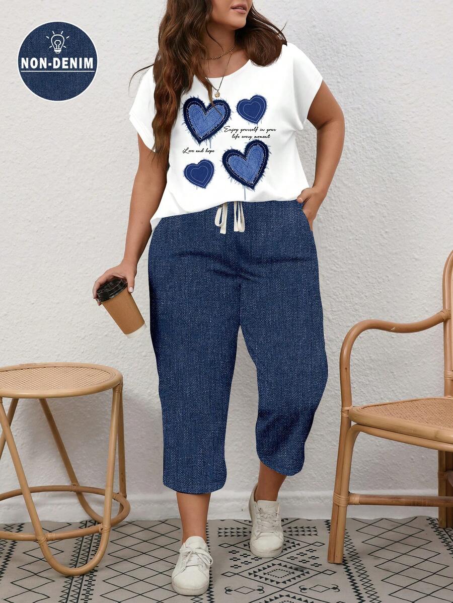 EMERY ROSE 2 piezas Conjunto minimalista casual con estampado de corazón náutico azul, talla grande, adecuado para vacaciones de verano, 2 piezas de conjunto de verano para mujeres - Multicolor - Ver 1
