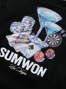 SUMWON Oversized Casino Theme Graphic Tee With Poker Print Short Sleeve Casual Streetwear - Black - View 3