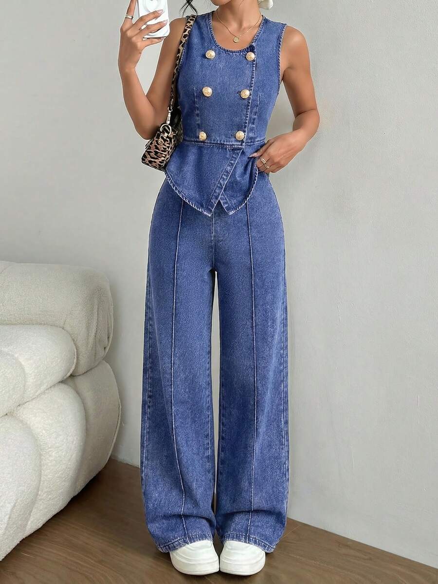 SHEIN 2件套少女休闲优雅简约通勤背心外套和裤子套装 - 中等水洗藍 - 查看 1