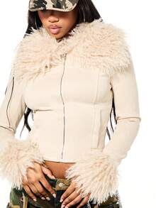 SUMWON WOMEN Faux Fur Trim Suede Cropped Bomber Jacket Winter Outerwear Statement Piece - Apricot - View 6