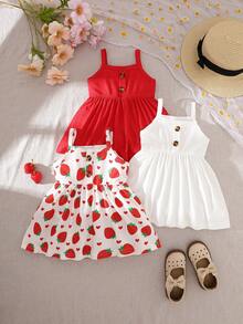 SHEIN 新生女宝宝夏季白色橙色碎花吊带连衣裙三件套，舒适可爱，送礼佳品 - 紅色 - 查看 1
