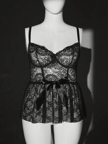 SHEIN Lencería sexy de encaje transparente con lazo y espalda descubierta para mujer de talla grande - Negro - Ver 7