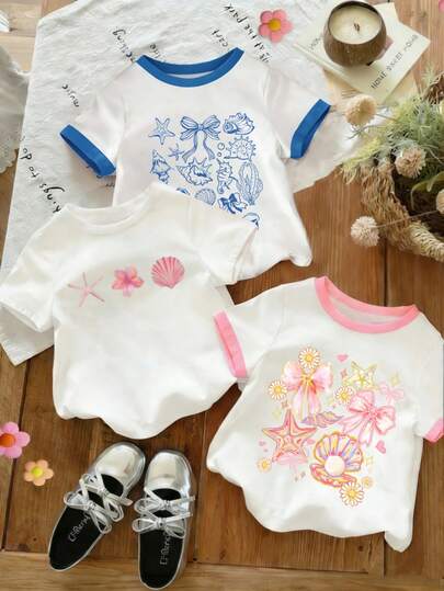 Baby Girl 3-Piece Casual Comfortable Sunshine Beach Shell Pattern Vacation Style Short Sleeve Top Set, Girls Clothing, Girls Tops, Girls Fashion, Spring/Summer, Outdoor, Photography, Daily, Vacation, Holiday, Gift