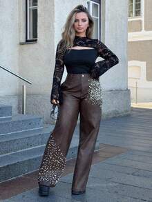 Jeta Ari 秋冬新款时尚铆钉PU女士西装裤 - 棕色 - 查看 1