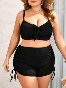 SHEIN CURVE+ Plus Size Women's Black Drawstring Tankini Swimwear Set, Beach Holiday - Black - View 1
