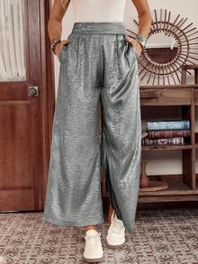 LanaWest New Shiny Fashion Casual Elegant Retro Luxury Commute Party Women's Metal Effect Pleated Decor Music Festival Pants, Christmas - Silver - View 4