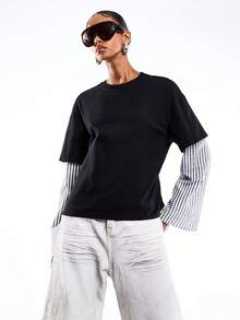 LYSMO 女士条纹拼接收腰长袖休闲T恤 - 藏蓝色 - 查看 4