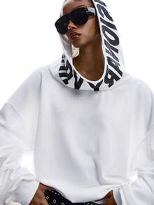 LYSMO Sudadera holgada y casual con estampado de letras y hombros caídos, versátil para uso diario en primavera/otoño - Blanco y Negro - Ver 11