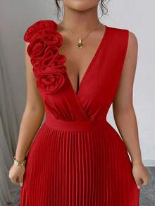 Elenzga 夏季红色V领收腰连衣裙，饰有3D立体花卉贴花，法式优雅A字褶裥连衣裙 - 紅色 - 查看 6