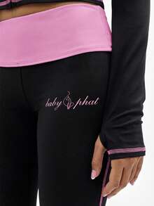 BABYPHAT Contrast Detail Flare Leggings With Pink Hood And Side Seam Piping For Casual Everyday Wear - Black - View 7