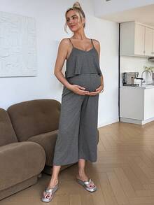SHEIN Bộ áo liền quần cho con bú màu trơn, dây mảnh, dáng rộng, thoải mái. - Xám - Xem 9