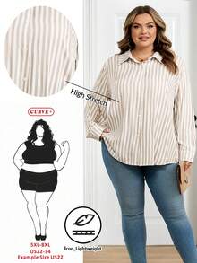 SHEIN CURVE+ Camisa abierta a rayas de color caqui claro talla grande, camisa elegante para mujer de oficina - Multicolor - Ver 10
