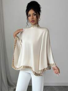 SHEIN Elenzya Elegant Romantic Vacation Chiffon Sequin Floral Trim Women Blouse Elegant Blouses Cream Blouse Poncho Top Blouse For Women Cape Top Elegant Blouse For Women Cream Outfit Women 2 Pieces Sets Woman Elegant Kaftan Style Top Elegant Women's Top Sequin Embroidery Top Working Blouse Women's Tops And Blouses - Apricot - View 5