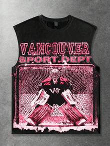 ROMWE MEN Street Life Men's Casual Fashionable Street Wear Everyday Commute Football Player Letter Print Loose Tank Top, Summer - Black - View 5