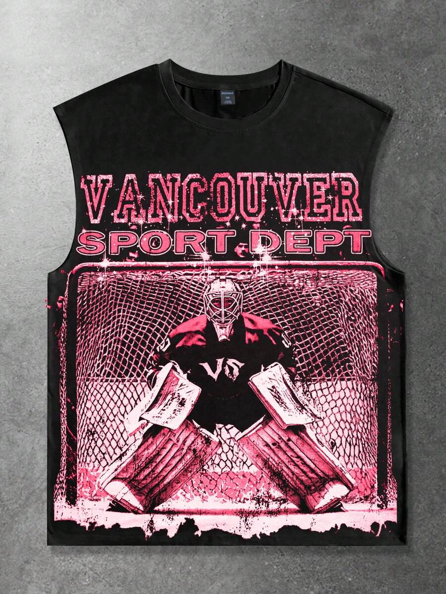 ROMWE MEN Street Life 男士休闲时尚街头风日常通勤足球运动员字母印花宽松背心，夏季 - 黑色 - 查看 1