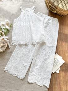 SHEIN Vintaside Kids 女童夏季无袖吊带时尚优雅上衣搭配简约百搭的西式镂空裤套装，适合旅行、度假、聚会或日常休闲穿着。 - 白色 - 查看 3