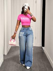 BamGleam Cowgirl Outfit, Non-Stretch Blue Embroidered Straight-Leg Pants, Spring Outfits For Women - Light Wash - View 7