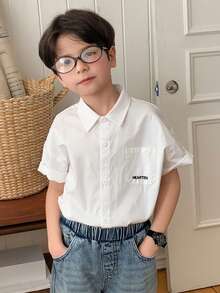 DAZY 男童字母印花口袋前扣休闲短袖衬衫 - 白色 - 查看 6