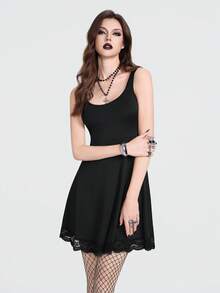 Breakform Đầm ngắn nữ phong cách Gothic thanh lịch, gợi cảm, cổ chữ U, ôm sát, phối ren ở gấu váy. - màu đen - Xem 5