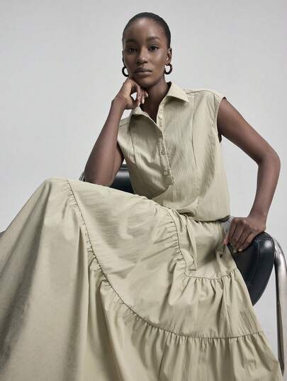 Ontre 2026SS Summer New Women's 2 Pieces Set, Military Green Shirt & Ruched Skirt, Comfortable Soft Woven Fabric, Lapel Collar Short Sleeve Button Loose Fit Pockets, Modern Urban Chic Business Casual Office Wear